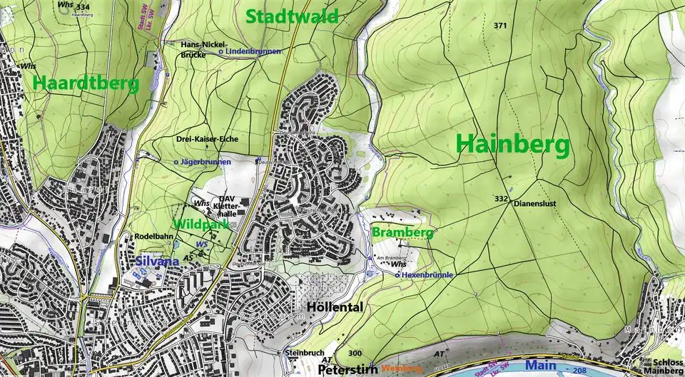 Nordöstliches Stadtgebiet, mit Ausläufern der Schweinfurter Rhön, dem größten Naherholungsgebiet der Stadt. Legende: AT = Aussichtsturm/Terrasse, AS = Abenteuerspielplatz, WS = Wasserspielplatz, Whs = Wirtshaus mit Biergarten