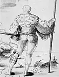 Schweizerkrieger, Tragart des Schweizerdolches (ca. 1515 Urs Graf der Ältere)