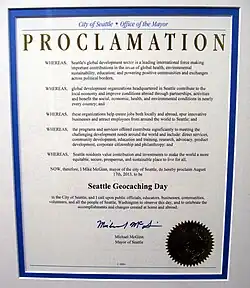 Proklamationsurkunde zum Seattle Geocaching Day (2013)