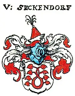 Wappen derer von Seckendorff: Das Stammwappen zeigt in Silber einen roten Lindenzweig in Form einer 8 mit vier untereinander stehenden gestielten roten Blättern an jeder Seite. Hier abgebildet in Siebmachers Wappenbuch.