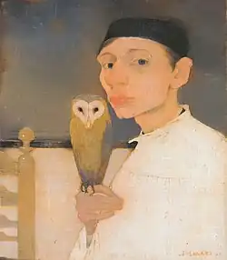 Gemälde Selbstporträt mit Eule, 1911 (Ein Mann mit schwarzer Kappe und weißem Hemd hält eine Eule auf der Hand, beide schauen zum Betrachter)