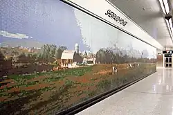 Sheppard-Yonge, Toronto: Stacey Spiegel: „Immersion Land“ (Ausschnitt, 2002) Wandmosaik aus 1,5&nbsp;Millionen keramischen Bildpunkten mit Landschaften des südlichen Ontario[24]
