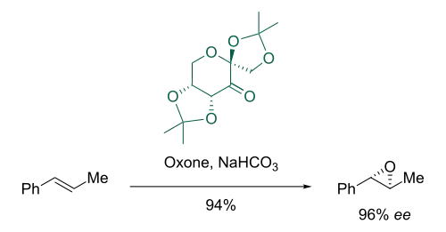 Beispiel für eine Shi-Epoxidierung mit einem Shi-Katalysator auf Basis von ᴅ-Fructose. Das Alken wird stereoselektiv und mit hohem Enantiomerenüberschuss in das Epoxid überführt