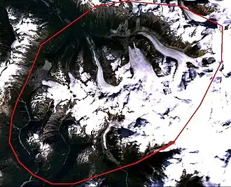 Der ungefähre Umriss der Silverthrone Caldera