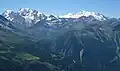 Weissmiesgruppe von Nordosten, links oberhalb des Simplonpasses; rechts im Hintergrund die Mischabelgruppe, ganz rechts Matterhorn.