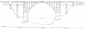 Eine Steinbogenbrücke mit einem Hauptbogen von 121,35 Metern und beidseits anschliessenden Gewölben von 25 und 12 Metern Spannweite.