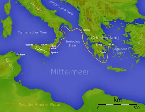 Der Weg der athenischen Flotte während der Sizilienexpedition