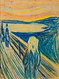 Pastellmalerei von „Der Schrei“. Dabei wird auch der Steg in blau mit wenig braun gezeichnet. Das Gemälde wirkt skizzenhaft.