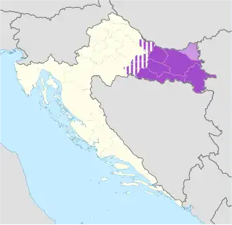 Das heutige Gebiet Slawoniens dunkelviolett, weitere z. T zu Slawonien gerechnete Gebiete gestreift, die kroatische Baranja hellviolett