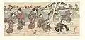 Schneeballschlacht in Japan (Farbholzschnitt von Utagawa Kunisada, um 1825)