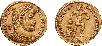 Solidus des Julian um das Jahr 361, auf der Rückseite wird die militärische Stärke des römischen Imperiums dargestellt