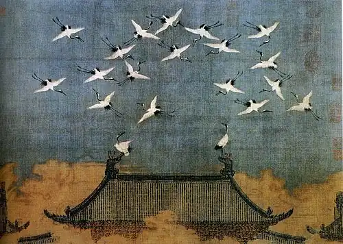Glücksverheißende Kraniche, gemalt von Kaiser Huizong, zeigen eine seltene Szene auf einem Stadttor am 16. Januar 1112.