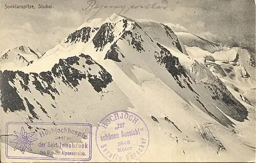 Sonklarspitze von NNW auf einer alten Postkarte (vor 1908), beachte den markanten Firngipfel über dem höchsten Felspunkt