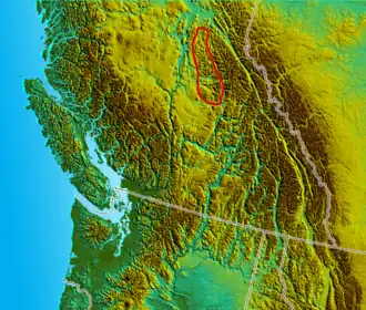 Ungefähre Lage des Quesnel Highlands in British Columbia (Kanada)