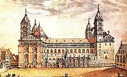 Nordseite mit den gotischen Kapellen sowie dem „Kleinen Paradies“; Wiener Zeichnung, 1610