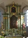 Hochaltar mit Bildern der Heiligen Gertrud und dem Letzten Abendmahl (1997 restauriert)