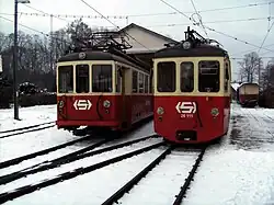 Triebwagen 26.111 und einer der ehemaligen AOMC-Triebwagen in Attersee (2008)