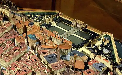 Nach der Schleifung der Wiener Stadtmauer um 1845: Die mittelalterliche Burg ist nur noch im Quadrat des Schweizerhofs zu erkennen, der rechteckige Innere Burgplatz schließt an dessen Fluchtlinien an. Die Erweiterungstrakte des 19. Jh. fehlen noch.