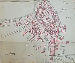 Stadtplan von 1827 Die Burg samt Nebengebäuden befindet sich ganz rechts (schraffiert)