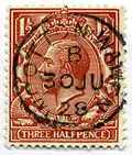 1½d-Briefmarke mit Georg V. aus dem Jahr 1912; 1928 in Wootton Wawen in der Grafschaft Warwickshire verwendet.