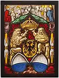 Standesscheibe von 1523, mit Krönung Mariens und den Stadtheiligen.