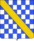 Quadrate in Silber und Azurblau in acht Reihen. Diagonal ein goldenes Band.