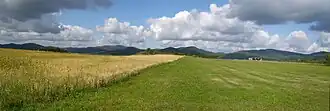 Blick von der Medebacher Schiefen Ebene auf die „Skyline“ der Hohen Seite mit Stemmberg (572,2&nbsp;m, Hallenberger Hügelland), Bollerberg (757,9&nbsp;m), Winterkasten (662,5&nbsp;m), Reetsberg (791,6&nbsp;m) und Schlossberg (790,8&nbsp;m)