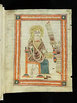 Eine Seite aus dem Codex, die eine sitzende Person in einem Rahmen zeigt
