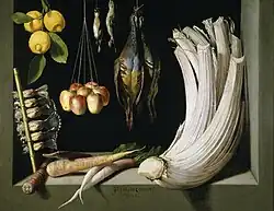 Juan Sánchez Cotán Stillleben mit Wildvögeln, Gemüse und Früchten, 1602, Öl auf Leinwand, 68 × 89&nbsp;cm, Museo del Prado, Madrid