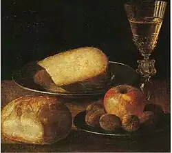 Sebastian Stoskopff Stillleben mit Käse, Brötchen und Wein, 1. Hälfte 17. Jahrhundert, Öl auf Leinwand, 28,5 × 31,5&nbsp;cm, Musée des beaux-arts André Malraux, Le Havre