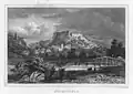 Streitberg mit der Burgruine Streitburg, Stahlstich (1840) von Johann Poppel