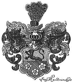Unten in Grün drei (2:1) fünfblättrige Mispeln im Wappen des Adels Strünkede