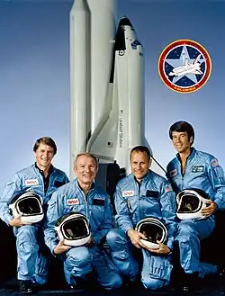v. l. n. r. Joseph Allen, Vance Brand, Robert Overmyer, William Lenoir