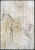 Im kleinen Medaillon unterhalb des Kreuzungspunkts von Schwert und Köcher steht: al-faqīr Behzād (Behzād der Arme), darunter möglicherweise von anderer Hand : surat-e Sultan Husayn Mīrzā (Bild des Sultans Ḥoseyn Mirzā), auf dem Köcher: Behzād. Um 1500.[41]