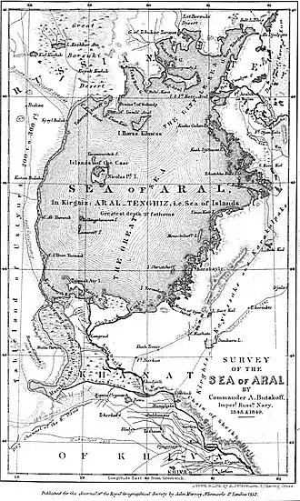 Die Karte des Aralsees von 1853 veröffentlicht für das Journal der Royal Geographical Society in London.