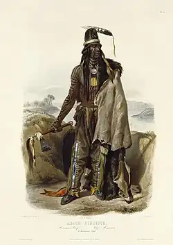 Abdih-Hiddisch. Mönnitarri-Chef. Tableau 24 vom Karl Bodmer. Original kolorierte Aquatinta um 1839 aus dem Museumsbestand.