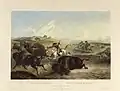 Indianische Bisonjagd. Tableau 31. Original kolorierte Aquatinta um 1839.