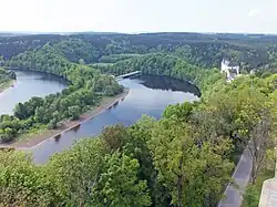 Talsperre Burgkhammer und Schloss Burgk vom Saaleturm aus gesehen