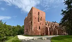 Seitliche Farbfotografie von einem braunen Dom, dessen Mittelteil als Ruine freisteht. In der Bildmitte befindet sich das breite rechteckige Vorderteil mit langen und kurzen Rundbogenfenstern. Der abfallende Putz offenbart hellere Steine. Hinter den rechten Bäumen ist der vordere Bereich des Doms kaum zu sehen.