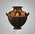 Voll gerüstete Krieger mit Baum; rotfigurige Hydria, um 490 v. Chr., Berliner Maler; Metropolitan Museum of Art, New York[15]