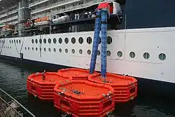 Blaue Rettungsschläuche führen von einem Kreuzfahrtschiff zu aufblasbaren Rettungsinseln