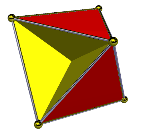 ✘ Das konkave Tetrahemihexaeder mit 6 Ecken, 12 Kanten, aber nur 7 Flächen verletzt mit '"`UNIQ--postMath-00000029-QINU`"' den Eulerschen Polyedersatz. Die 3 inneren, gelben Quadrate kreuzen sich und haben keine definierten Innen- und Außenseiten mehr. Der Körper ist homöomorph zur Steinerschen Fläche. Er lässt sich nicht mehr als planarer Graph darstellen.