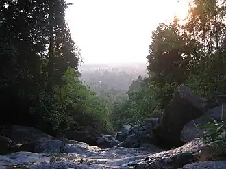 Blick von der Spitze des Krathing-Wasserfalls über den Nationalpark