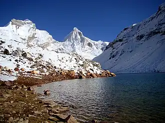 Bhrigupanth links, Thalay Sagar rechts, vom Gletschersee Kedartal aus gesehen