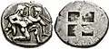 Thasischer Silber-Stater: Silen und Nymphe, etwa 520–463 v. Chr. (Le Rider: Thasiennes 2), SNG Copenhagen (20&nbsp;mm, 9,31&nbsp;g), erste Silenprägung