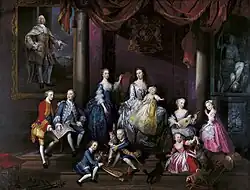Augusta mit ihren Kindern, 1751. Auf dem Schoß der Mutter die erst nach dem Tod des Vaters geborene Caroline Mathilde