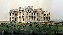 Das Weiße Haus nach dem Brand von Washington, bei dem Brandspuren klar sichtbar sind. Keine anderen Gebäude sind zu sehen.