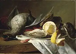 Stillleben mit Ente, Garnele und einer Platte Austern