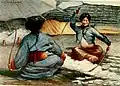 Buchillustration: Reinigen der Schafswolle nach dem Scheren in Tibet (1905)