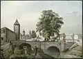 Die Tiefenhoflinde am Fröschengraben mit Äbtissinnen- / Werkhofturm um 1829